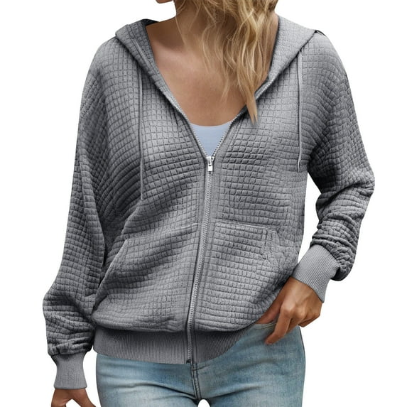 Admvng Sweatshirt for Women Casual Loose Hooded Long Sleeve Pocket Zipper Solid Waffle Pattern Cardigan Blouse Hoodies Tops, Size S-2XL