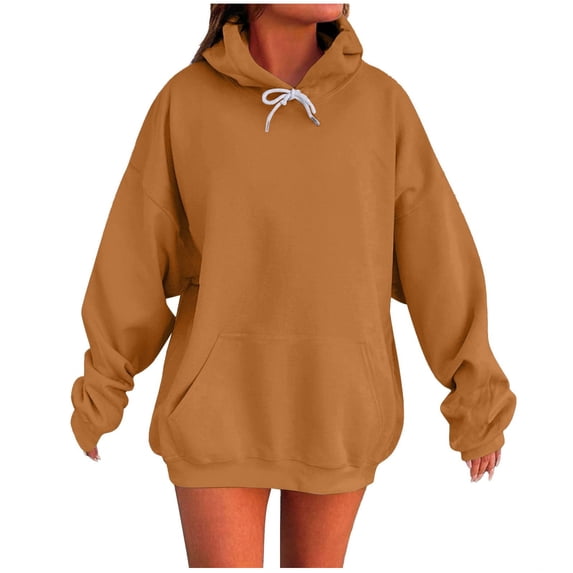 Admvng Sweatshirt for Women Casual Solid Color Round Neck Long Sleeved Top Loose Hooded Sweatshirts, Size S-2XL