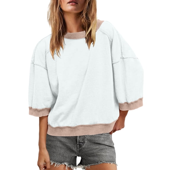 Admvng Sweatshirt for Women Crewneck Short Sleeve Sweatshirt 3/4 Sleeve Tops Color Block Oversized Sweatshirt Shirts, Size S-2XL