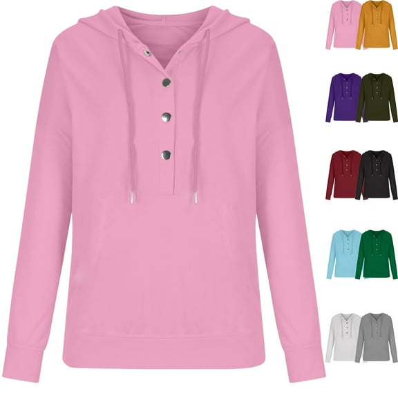 Admvng Sweatshirt for Women Long Sleeved Pullover Trendy Half Button Solid Fall Clothes Sweatshirt Basic Hooded Casual Blouse S-2XL