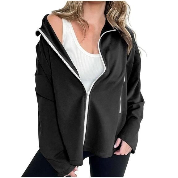 Admvng Sweatshirt for Women Solid Color Long Sleeved Top Hoodless Sweatshirt Full Zip Up Coat with Pockets S-2XL