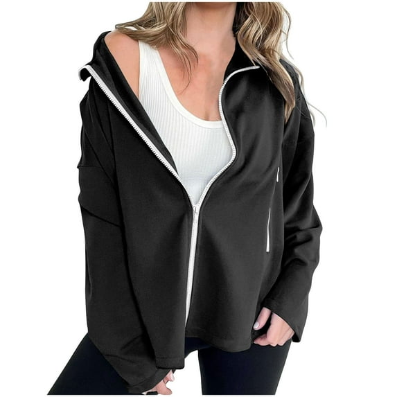 Admvng Sweatshirt for Women Solid Color Long Sleeved Top Hoodless Sweatshirt Full Zip Up Coat with Pockets S-2XL