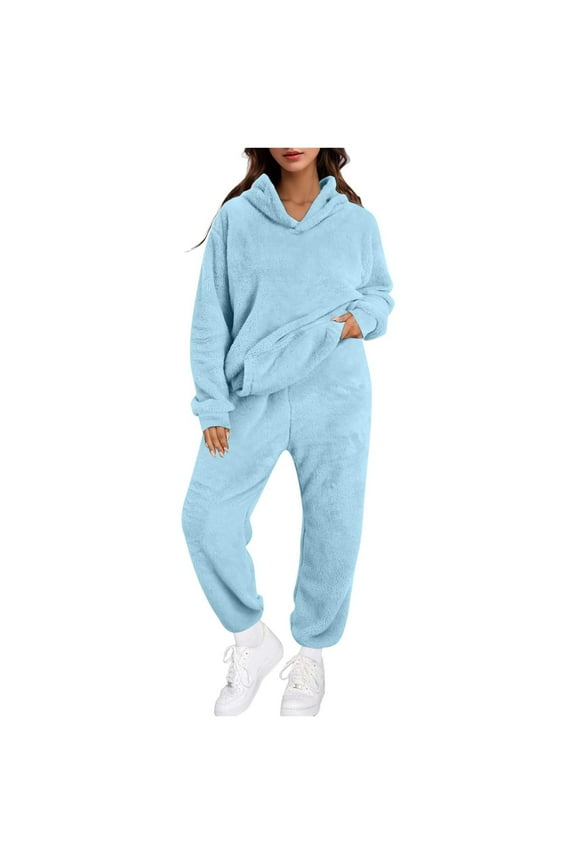 Sweatsuits Women 2 Piece Outfit Oversized Solid Color Casual Crew-Neck Long-Sleeved Trousers and Tight-Waist Hoodie Suit, Size S-5XL