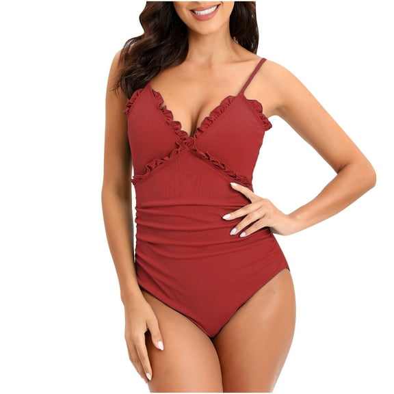 Admvng Swim Suits for Women 2025 V-neck Ruched Ruffle Sexy Solid High Waisted One-piece Swimsuit S-2XL