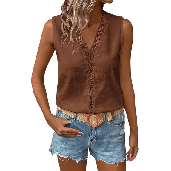 Admvng Womens Tank Top Crochet Lace Trim V Neck Sleeveless Eyelet Blouse Casual Summer Boho Camisole