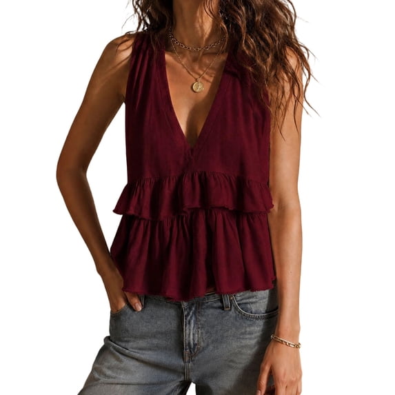 Admvng Tank Top for Women Deep V Neck Sleeveless Ruffle Tiered Cropped Peplum Flowy Casual Summer Camisole Blouse