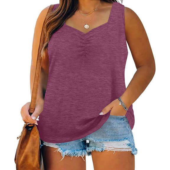 Admvng Tank Top for Women Plus Size V-Neck Solid Color Loose Fit Casual Summer Sleeveless Top L-5XL