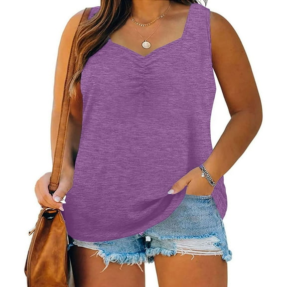 Admvng Tank Top for Women Plus Size V-Neck Solid Color Loose Fit Casual Summer Sleeveless Top L-5XL