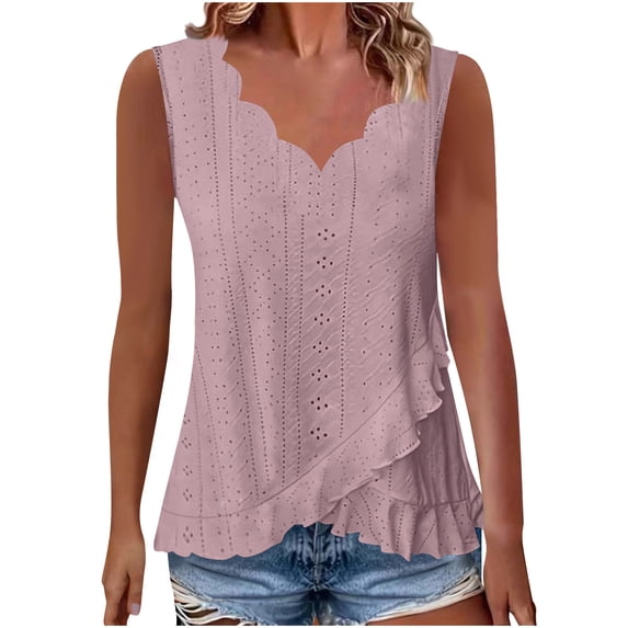 Admvng Tank Top for Women Scallop V-Neck Eyelet Embroidery Sleeveless Ruffle Hem Camisole