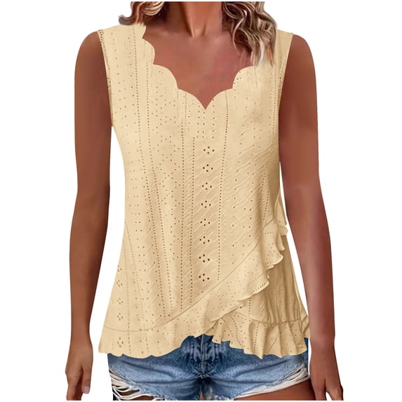 Admvng Tank Top for Women Scallop V-Neck Eyelet Embroidery Sleeveless Ruffle Hem Camisole