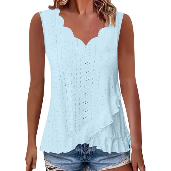 Admvng Tank Top for Women Scallop V-Neck Eyelet Embroidery Sleeveless Ruffle Hem Camisole