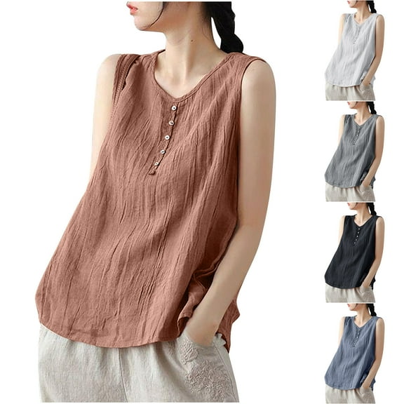 Admvng Tank Tops for Women Plus Size Solid Cotton Linen Round Neck Loose Fit Sleeveless Tops L-4XL