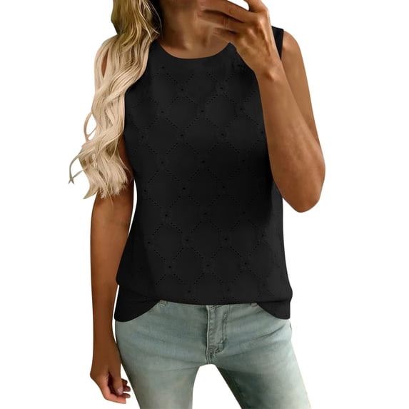 Admvng Tank Tops for Women Eyelet Embroidery Crew Neck Sleeveless Blouses