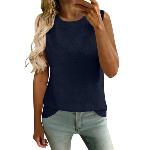 Admvng Tank Tops for Women Eyelet Embroidery Crew Neck Sleeveless Blouses