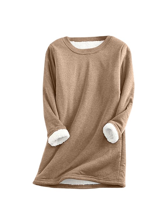 Top for Women Long Sleeve Solid Warm Medium-Length Flannel Crew Neck Casual Base Layer Daily Outfit