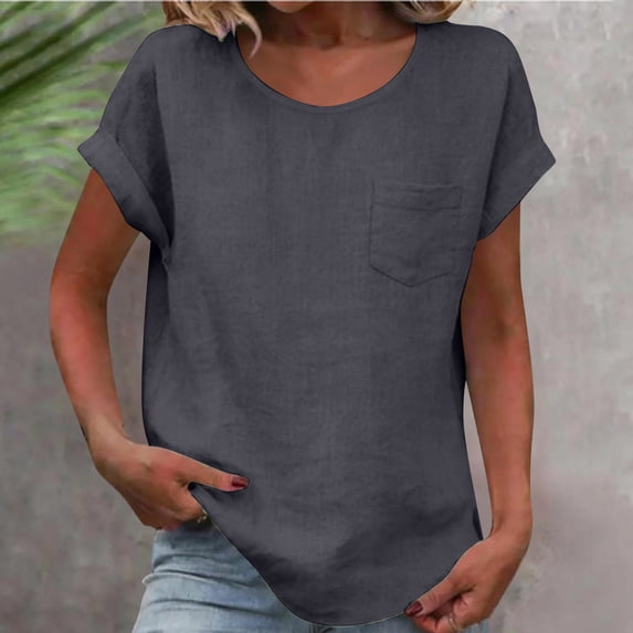 Admvng Tops For Women Trendy Round Neck Patch Pocket Solid Color Linen Short Sleeve T-Shirt Top S-2XL