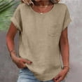 thumbnail image 1 of Admvng Tops For Women Trendy Round Neck Patch Pocket Solid Color Linen Short Sleeve T-Shirt Top S-2XL, 1 of 5