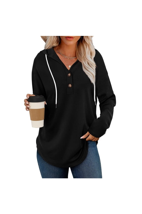Tops for Women Casual Long Sleeve Button Drawing Hooded Blouse Ladies Shirt Top, Size S-2XL