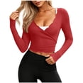 thumbnail image 1 of Admvng Tops for Women Scallop Trim Wrap Crop Long Sleeve V-Neck Yoga Fitness Casual Blouse, 1 of 4