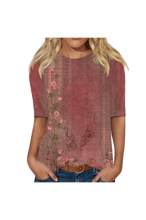 Tops for Women Trendy Half Sleeves Casual Shirts Pullover Loose Tunic Print Blouse, Size S-3XL