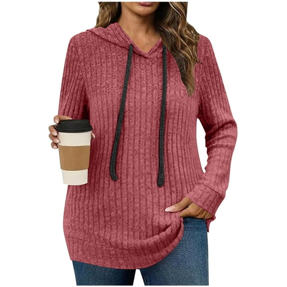 Admvng Tops for Women Tunic Tops Solid Stripe Brushed Drawstring Long Sleeved Hooded Top, Size S-2XL