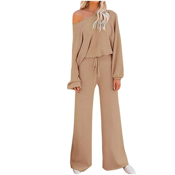 Admvng Trendy Ensemble for Women Fashion Women Comfortable Casual Put Together Long Sleeve Round-Neck Skew Shoulder Blouses+Lace Solid Color Pants Sets S-2XL