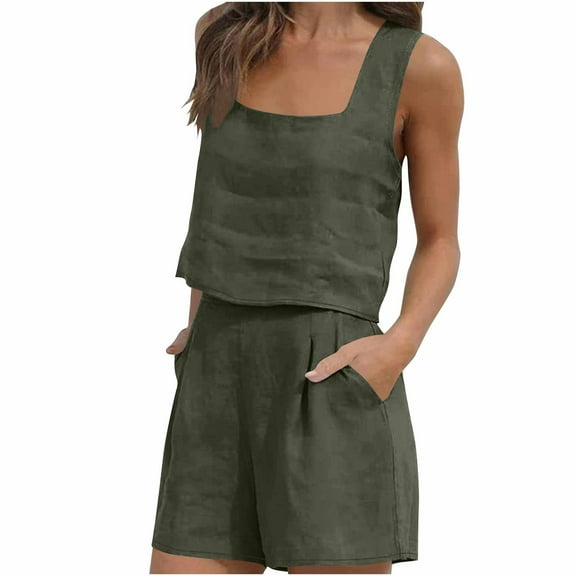 Admvng Two Piece Sets For Women 2 Piece Outfits Summer V-Neck Sleeveless and Shorts Sets S-2XL
