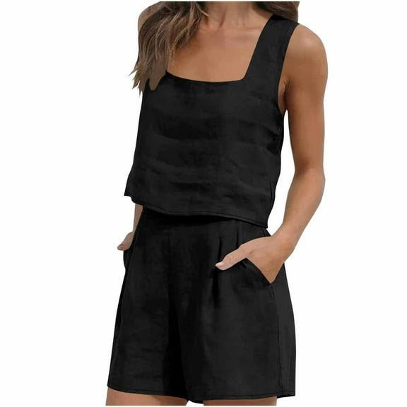 Admvng Two Piece Sets For Women 2 Piece Outfits Summer V-Neck Sleeveless and Shorts Sets S-2XL