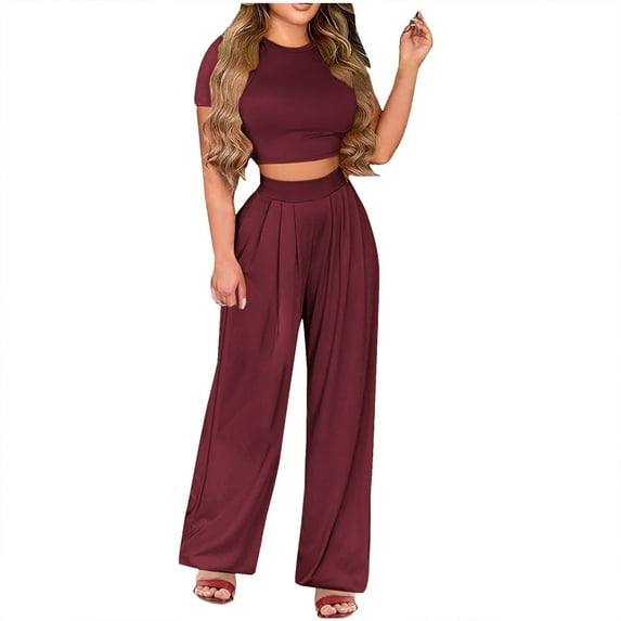 Admvng Two Piece Sets For Women Casual Solid Color Blouse and Pants Summer Travel Vacation Outfits Lounge Set S-5XL