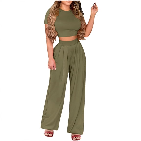Admvng Two Piece Sets For Women Casual Solid Color Blouse and Pants Summer Travel Vacation Outfits Lounge Set S-5XL