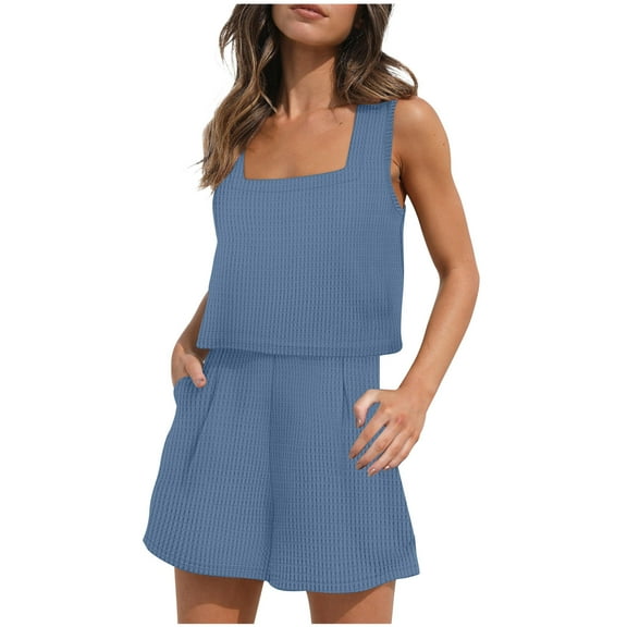 Admvng Two Piece Sets For Women Round Neck Solid Sleeveless Blouse and Shorts Elastic Waist Beach Outfits S-2XL