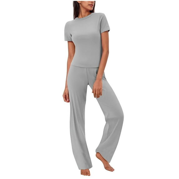 Admvng Two Piece Sets For Women Solid Color Round Neck Short Sleeved With Elastic Waist Pants Casual Sports Suit S-2XL