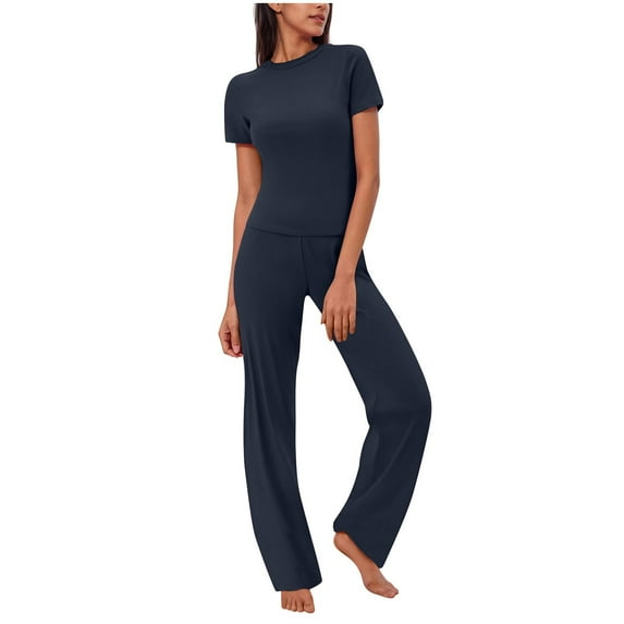Admvng Two Piece Sets For Women Solid Color Round Neck Short Sleeved With Elastic Waist Pants Casual Sports Suit S-2XL
