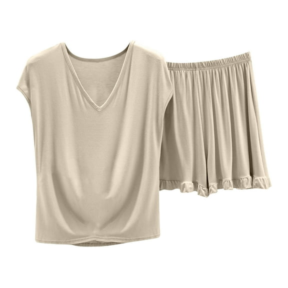 Admvng Two Piece Sets For Women Summer Sets Lounge V-Neck Tops Wide Leg Shorts Pajama Outfit M-2XL