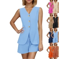 Admvng Two Piece Sets For Women Summer Suit Casual V-neck Button Up Short-sleeved Shirt and Shorts Suit S-2XL