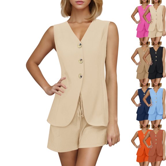 Admvng Two Piece Sets For Women Summer Suit Casual V-neck Button Up Short-sleeved Shirt and Shorts Suit S-2XL