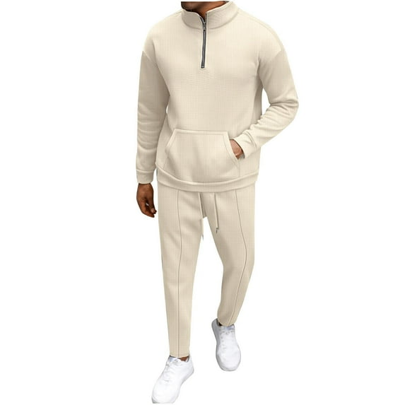Admvng Two Piece Sets for Men Casual Solid Zipper Turndown Collar Shirt Drawstring Straight Leg Pants Set, Size S-3XL