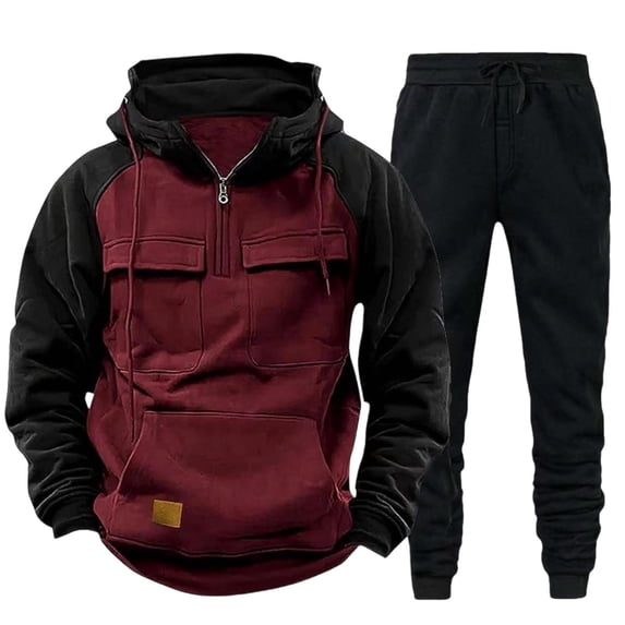 Admvng Two Piece Sets for Men Solid Casual Loose Drawstring Long Sleeve Hooded Workwear with Multiple Pockets Sweatshirt Set, Size M-3XL