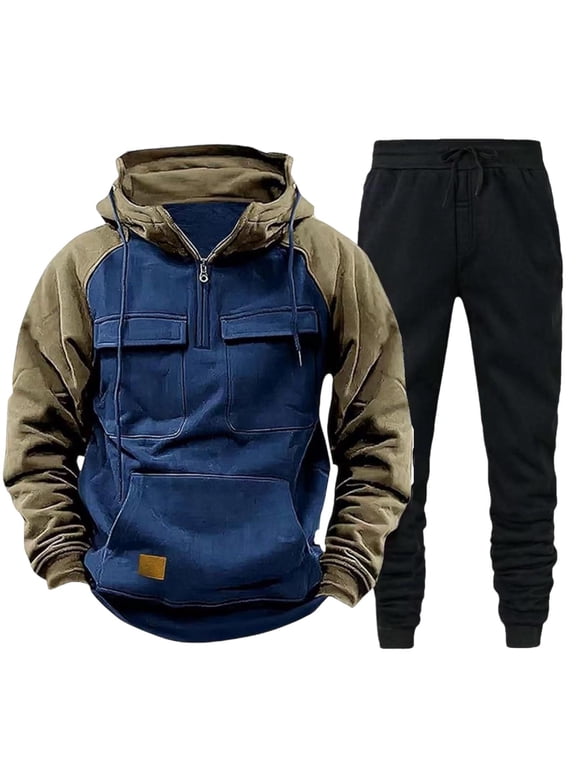 Two Piece Sets for Men Solid Casual Loose Drawstring Long Sleeve Hooded Workwear with Multiple Pockets Sweatshirt Set, Size M-3XL