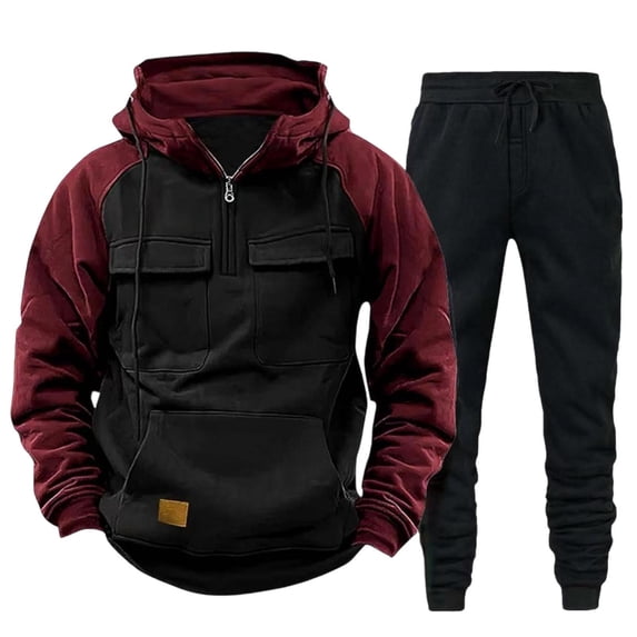 Admvng Two Piece Sets for Men Solid Casual Loose Drawstring Long Sleeve Hooded Workwear with Multiple Pockets Sweatshirt Set, Size M-3XL