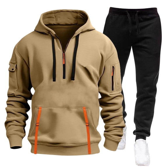 Admvng Two Piece Sets for Men Winter Solid Casual Loose Drawstring Long Sleeve Hooded Workwear with Multiple Pockets Sweatshirt Set, Size S-2XL