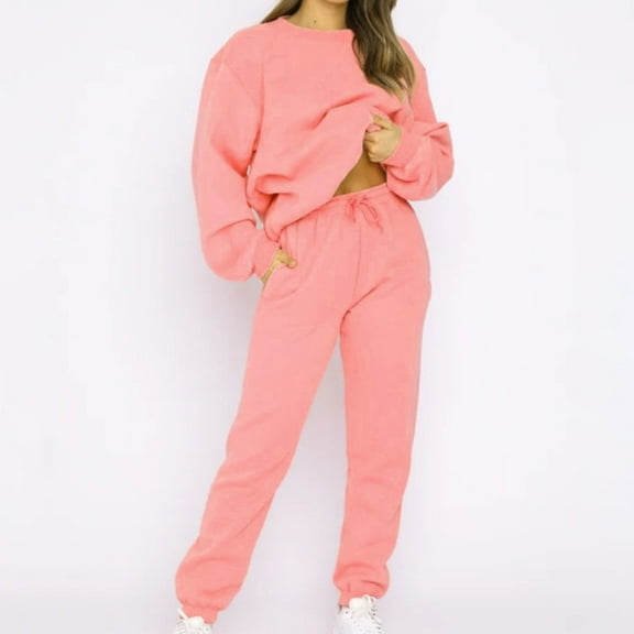 Admvng Two Piece Sets for Women Casual Solid Long Sleeve Round Neck Sweatshirt Long Pants Sweatsuits Two Piece Travel Outfits S-XL