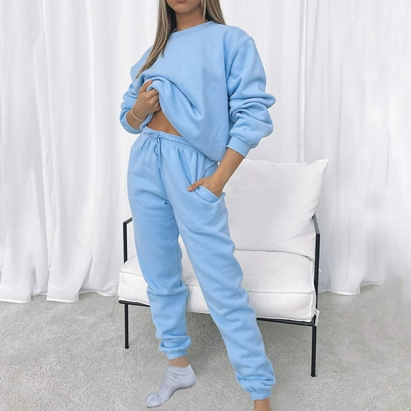 Admvng Two Piece Sets for Women Casual Solid Long Sleeve Round Neck Sweatshirt Long Pants Sweatsuits Two Piece Travel Outfits S-XL