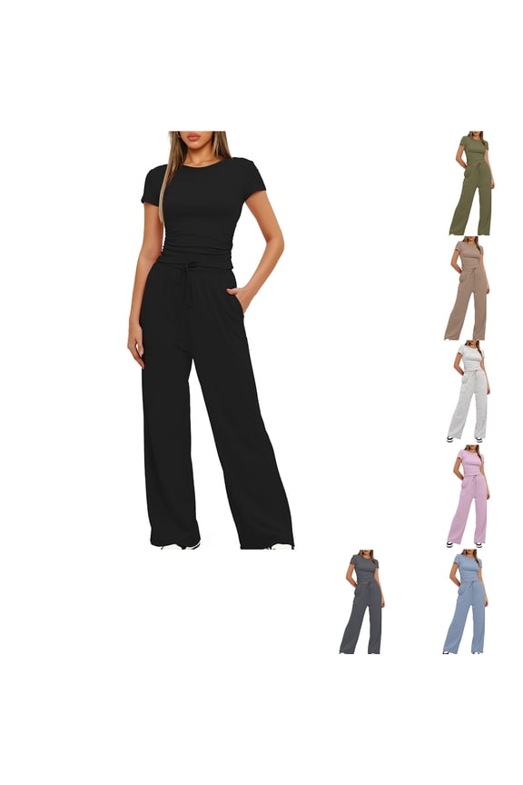 Two Piece Sets for Women Round Neck Solid Short Sleeve Blouse and Elastic Waist Long Pants Sets S-2XL