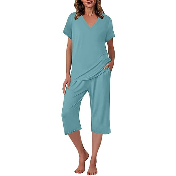 Admvng Two Piece Sets for Women Going Out Color Neck Short Sleeve Sleepshirt and Pants Sets Loungewear Pajamas with Pockets S-2XL