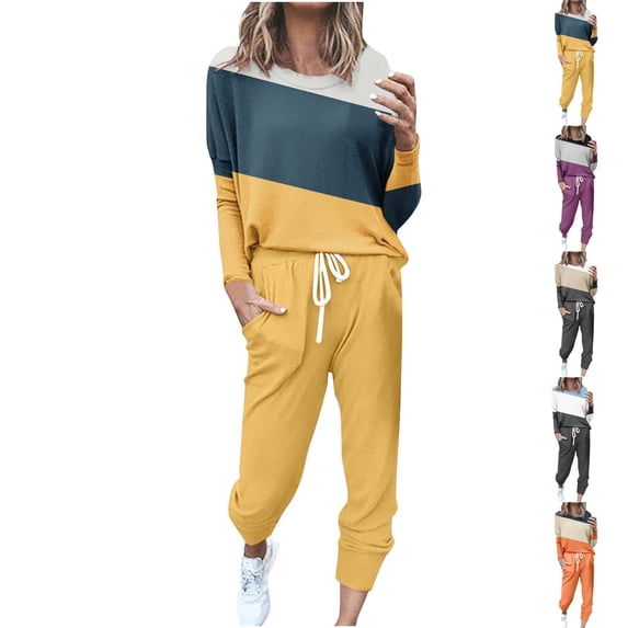 Admvng Two Piece Sets for Women Plus Size Loose Solid Color Long Sleeved Tops Matching Long Jogger Pants Lounge Sets for Women S-5XL