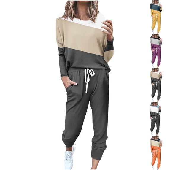 Admvng Two Piece Sets for Women Plus Size Loose Solid Color Long Sleeved Tops Matching Long Jogger Pants Lounge Sets for Women S-5XL