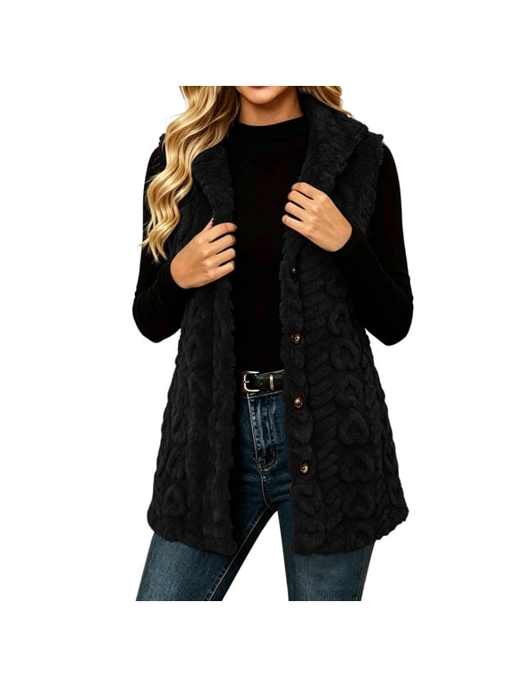 Vest for Women Casual Button Down Sleeveless Vest Fuzzy Fleece Warm Cable Knit Outerwear