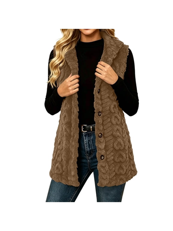 Vest for Women Casual Button Down Sleeveless Vest Fuzzy Fleece Warm Cable Knit Outerwear
