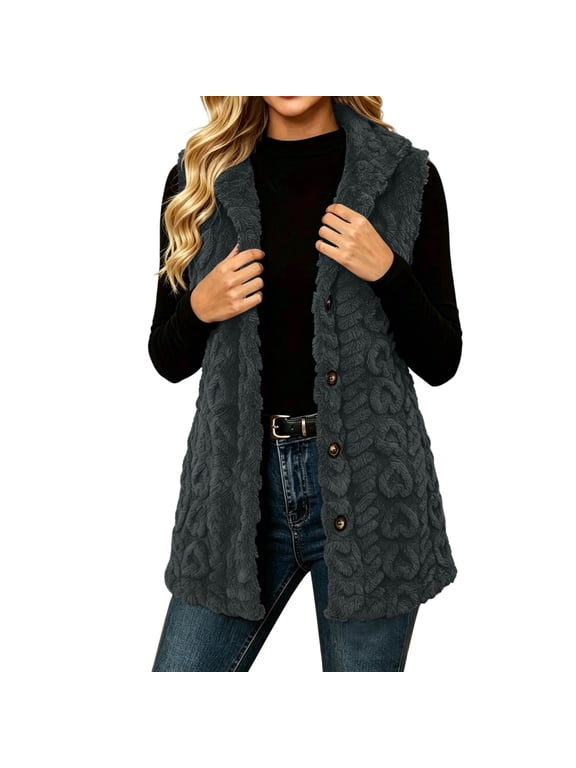 Vest for Women Casual Button Down Sleeveless Vest Fuzzy Fleece Warm Cable Knit Outerwear